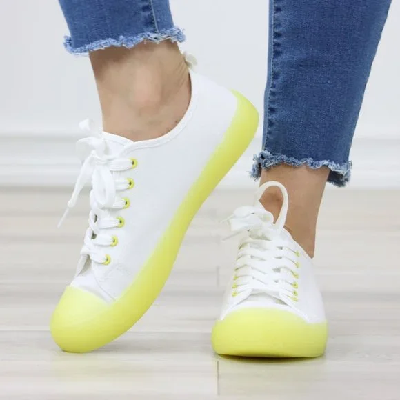 White & Neon Canvas Fabric Fashion Comfort Low Top Sneakers Shoes - Picture 11 of 14